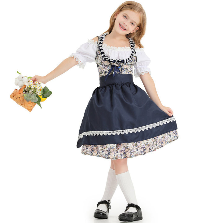 Damen nan kurzes Trachtenkleid mit floraler Miederstickerei, Schnürkorsage und Spitzen-Schürze Echo Archiv