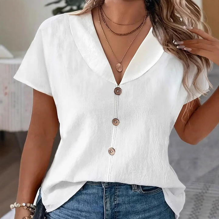 Damen nan luftige Leinenoptik-Bluse mit weitem Schalkragen und Zierknopfleiste Echo Archiv