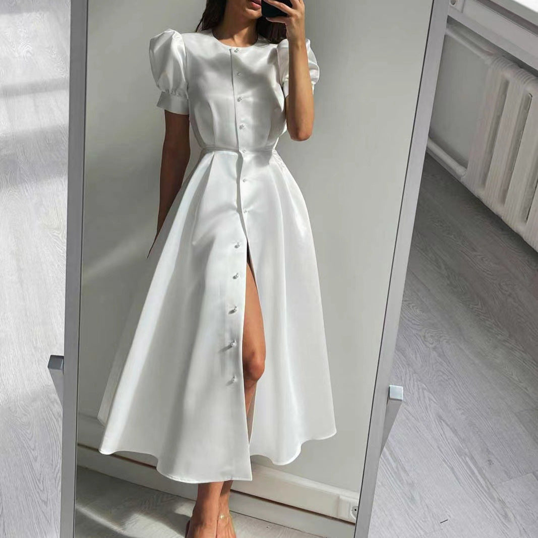 Damen Midi-Kleid mit Puffärmeln und schimmerndem Satin-Finish Echo Archiv