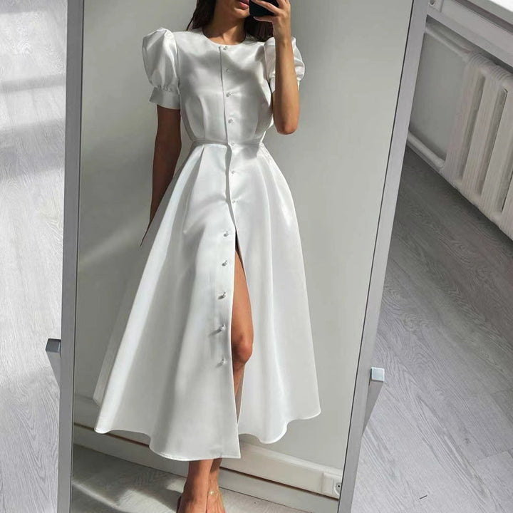 Damen Midi-Kleid mit Puffärmeln und schimmerndem Satin-Finish Echo Archiv