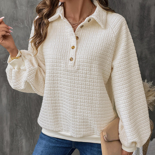 Damen Strukturpullover mit Polokragen, Knopfleiste und Karomuster – Mavelle