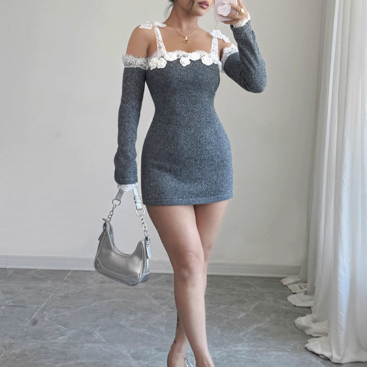 Damen Sexy Strickkleid mit floralen Spitzenakzenten Echo Archiv
