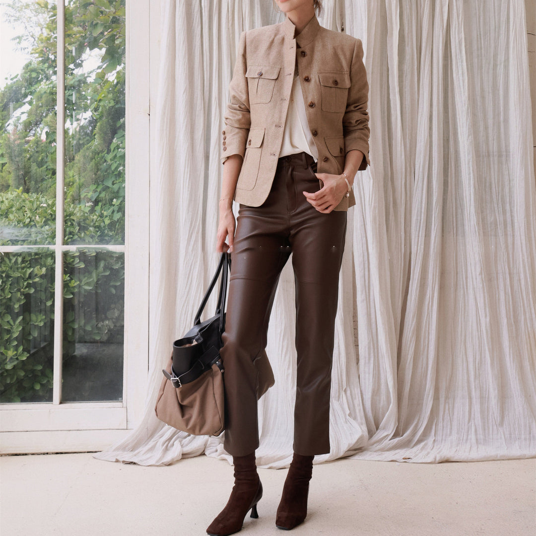 Damen Elegante Leinenjacke mit Taillengürtel Echoarchiv