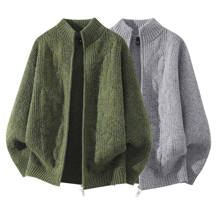 Damen Weicher Oversize‑Zopfmuster‑Cardigan mit Stehkragen & Zwei‑Wege‑Reißverschluss Echoarchiv