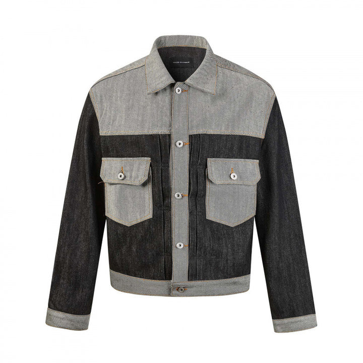 Herren Kurz geschnittene Patchwork-Denimjacke mit aufgesetzten Pattentaschen und konstruktiver Nahtführung Echo Archiv