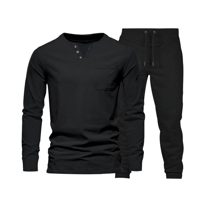Herren Langarm‑Henley Loungewear‑Set mit Brusttasche und tapered Jogginghose – Marzano