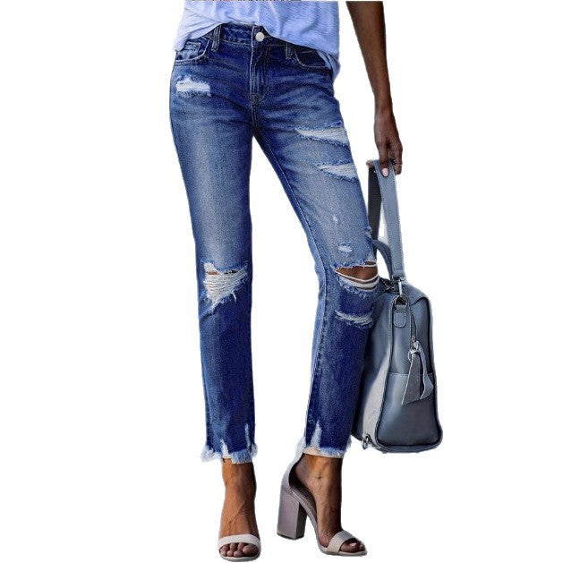 Damen knöchellange gerade geschnittene Destroyed-Jeans mit hoher Taille und ausgefranstem Saum Echo Archiv
