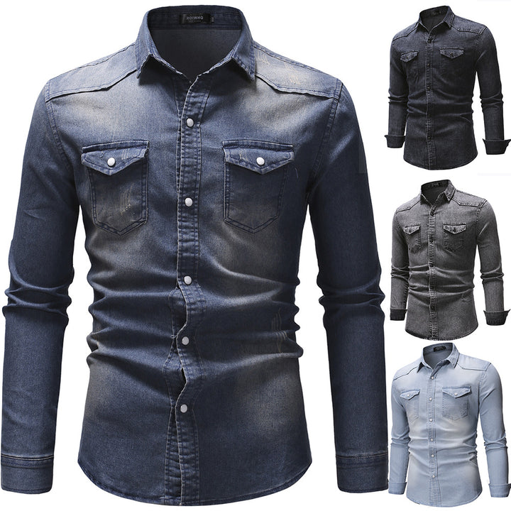 Herren nan oversized Denim-Hemdenjacke mit geschwungenem Saum und aufgesetzten Pattentaschen Echo Archiv