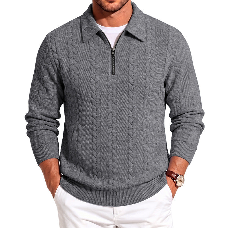 Herren Polokragen-Strickpullover mit Zopfstruktur und Halbzip Echoarchiv