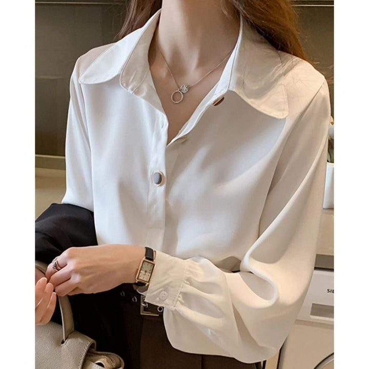 Damen Elegante Seidenoptik Hemdbluse mit übergroßem Kragen und Ballonärmeln – Élovi