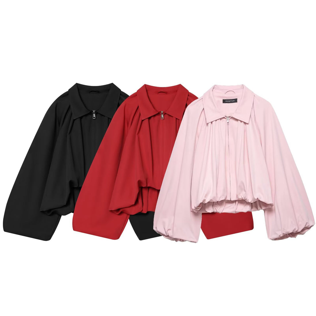 Damen Kurz geschnittene Blousonjacke mit weitem Ballonärmel, Reißverschluss und elastischem Saum Echoarchiv