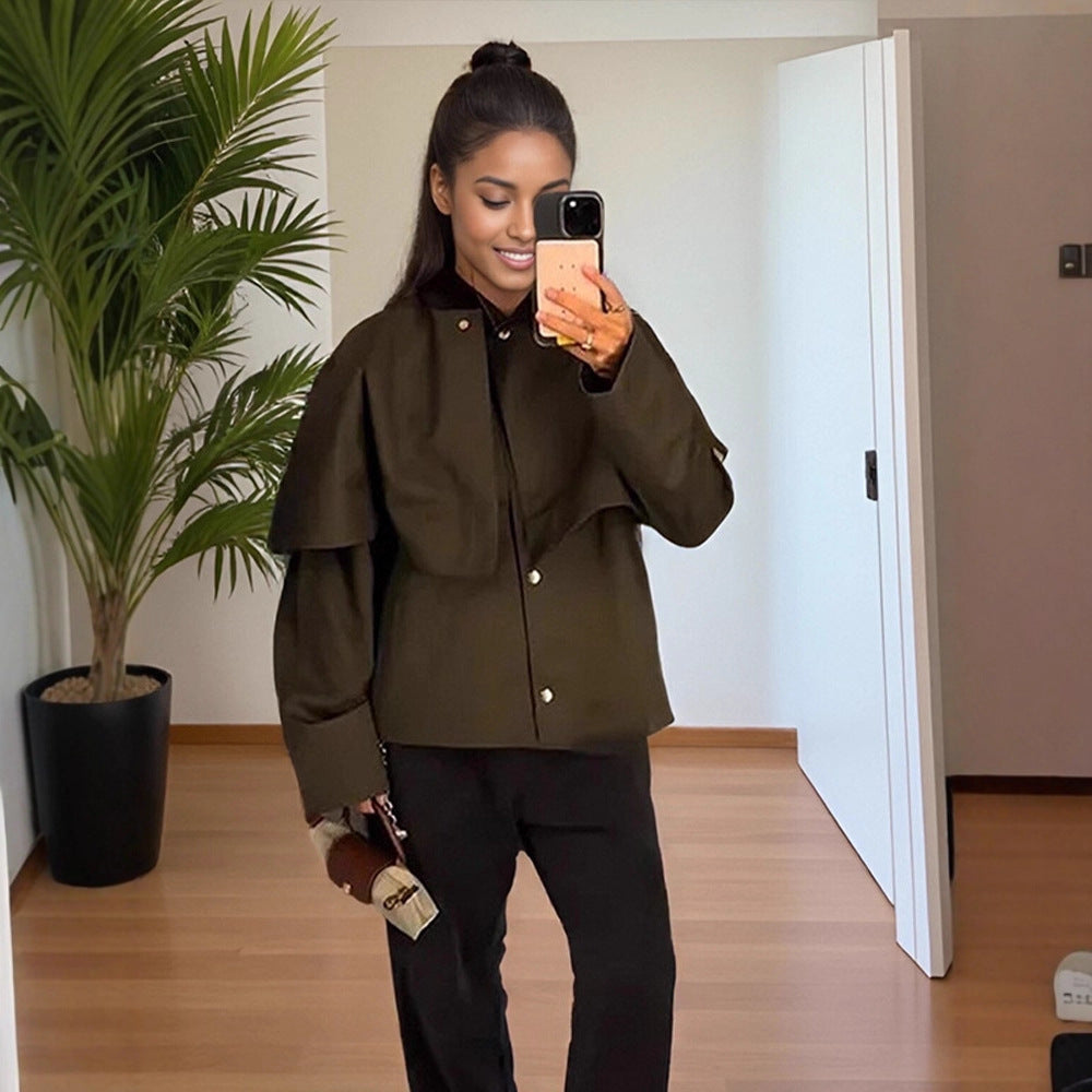 Damen Kurztrenchjacke mit Cape-Overlay und Oversize-Ärmeln Echoarchiv