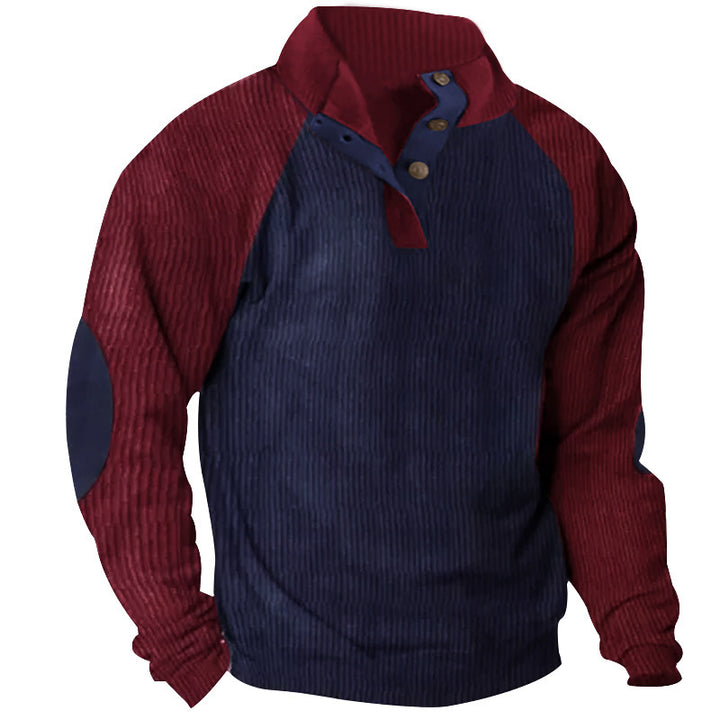 Herren Strukturiertes Raglan-Henley-Pullover mit Stehkragen, Ellenbogenpatches & Knopfleiste – Norvane