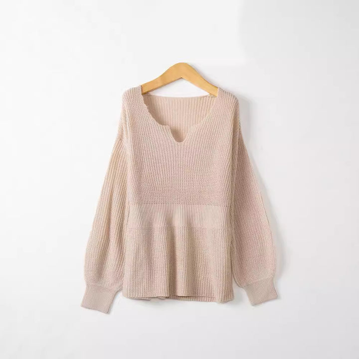 Damen Lockerer Feinstrick-Pullover mit V-Notch-Ausschnitt, Tailliertem Rippbund und Ballonärmeln Echo Archiv