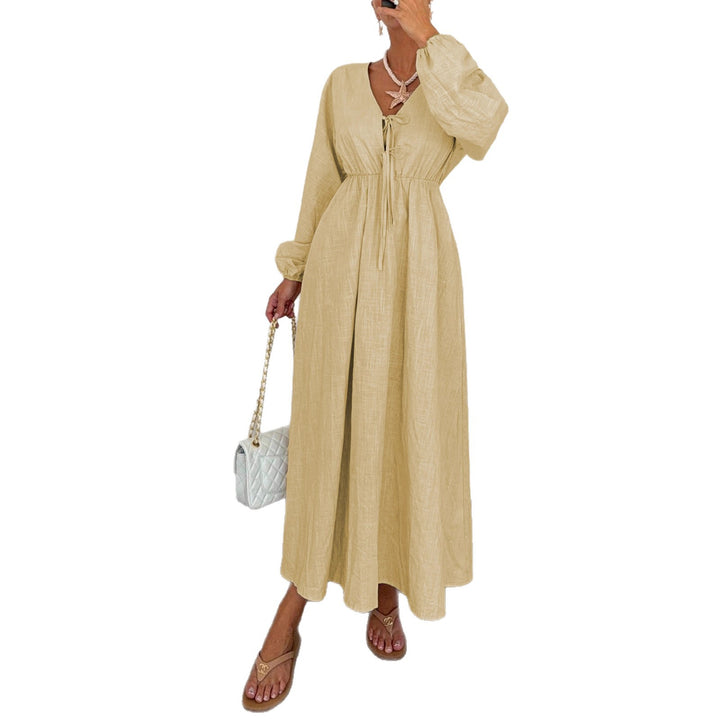 Damen Maxi‑Leinenkleid mit V‑Ausschnitt, Bindefront und Ballonärmeln – Avérine