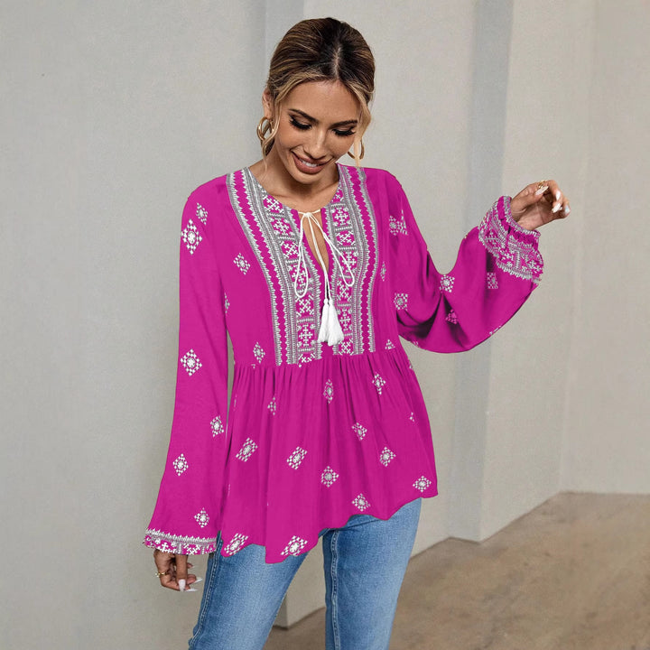 Damen Bestickte Boho-Tunika-Bluse mit Quastenbändern und stufigem Saum Echo Archiv