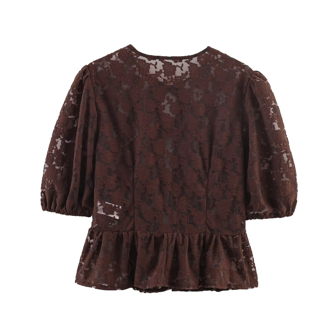 Damen Transparente Spitzenbluse mit frontalen Bindebändern und Volant‑Saum Echoarchiv