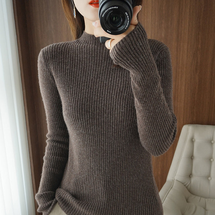 Damen Luxus-Feinstrickpullover mit schmaler Rippenstruktur und kurzem Stehkragen Echoarchiv