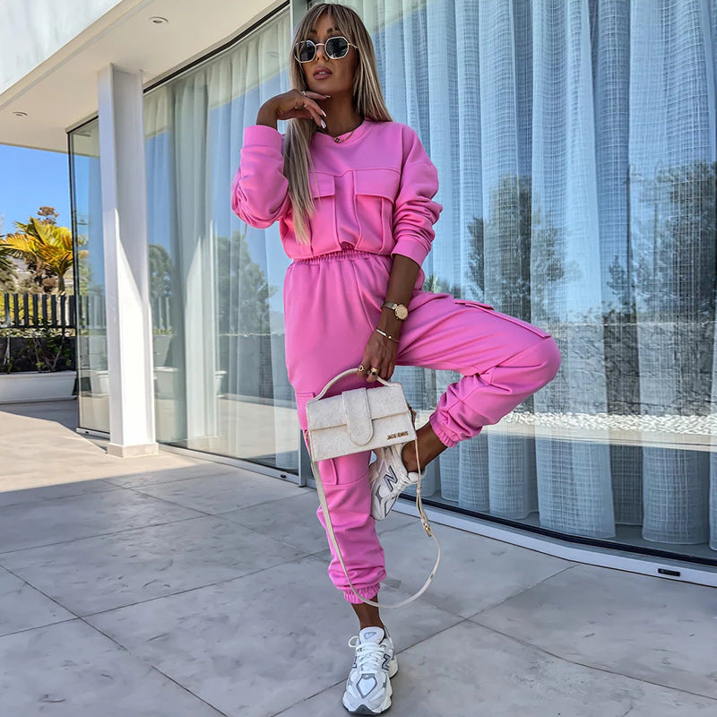 Damen Cargo-Loungewear-Set aus weicher Baumwollmischung mit hoher Taille und aufgesetzten Cargo-Taschen – Avélisse