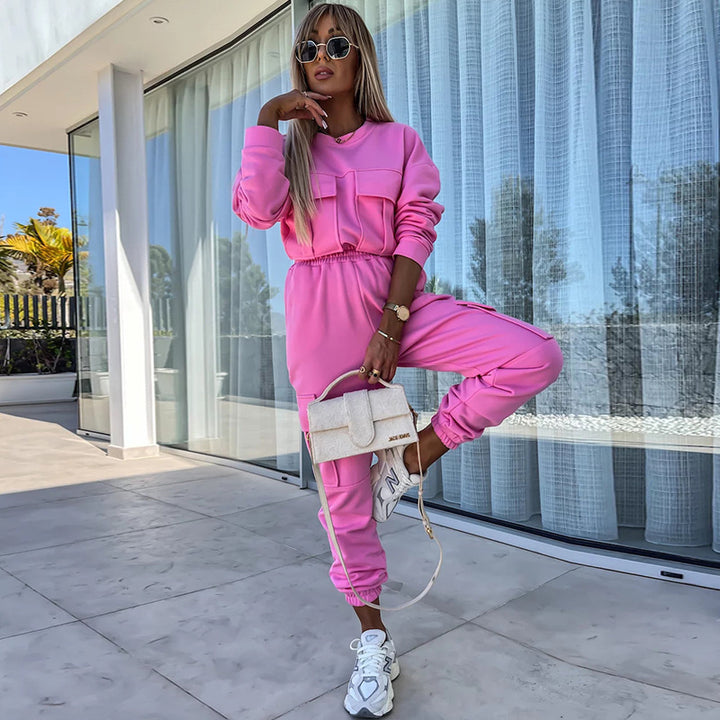 Damen Cargo-Loungewear-Set aus weicher Baumwollmischung mit hoher Taille und aufgesetzten Cargo-Taschen – Avélisse