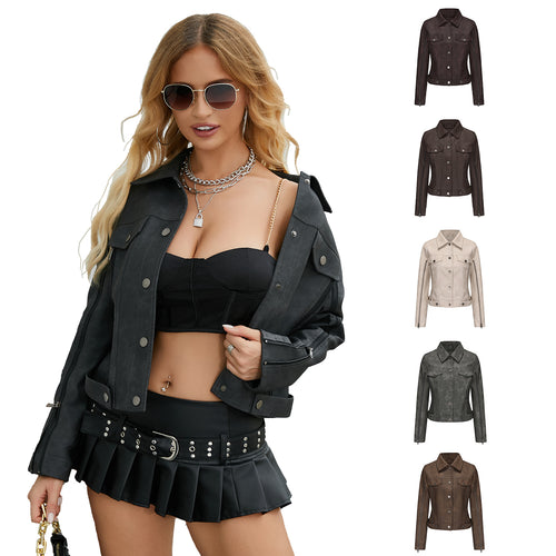 Damen nan kurze Cropped-Truckerjacke aus Wildlederoptik mit seitlichen Reißverschlüssen und aufgesetzten Brusttaschen Echo Archiv