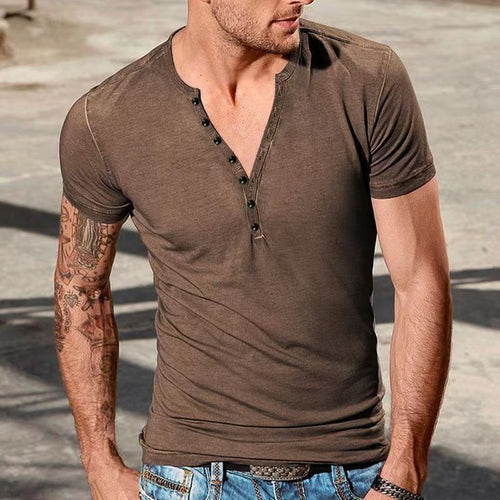 Herren Kurzarm-Henley-Shirt mit modischem Knopfdesign und körperbetonter Passform Echoarchiv
