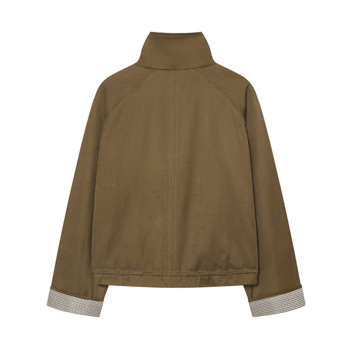 Damen Kurzjacke mit hohem Stehkragen, Tunnelzugsaum und kontrastierten Karomanschetten Echo Archiv