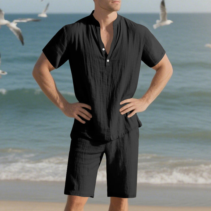 Herren elegantes Kurzarm-Set mit innovativer Knopfleiste und bequemen Hosen Echoarchiv