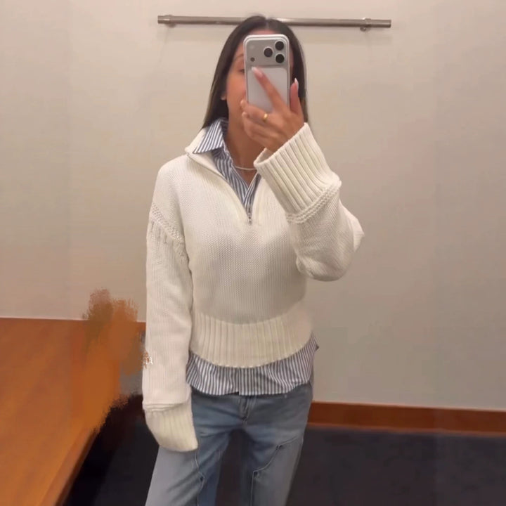 Damen Cropped Strickpullover mit halbem Reißverschluss, Stehkragen und Ballonärmeln Echo Archiv