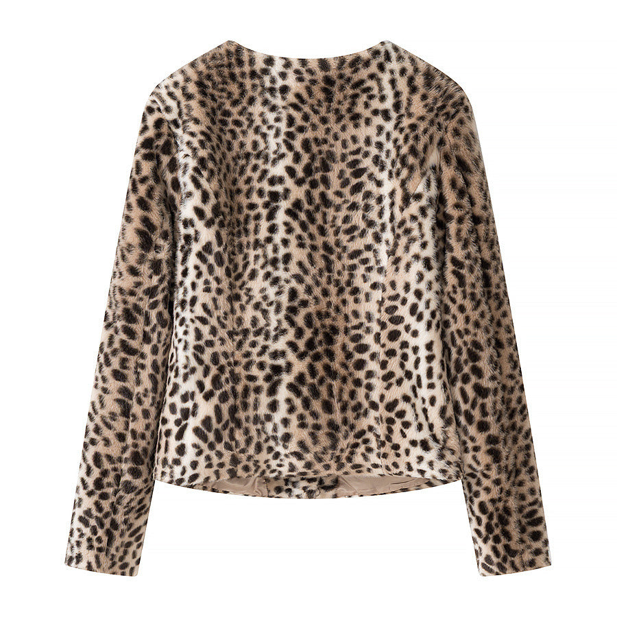 Damen Kurzjacke aus Kunstpelz mit Leopardenmuster und Rundhalsausschnitt Echo Archiv