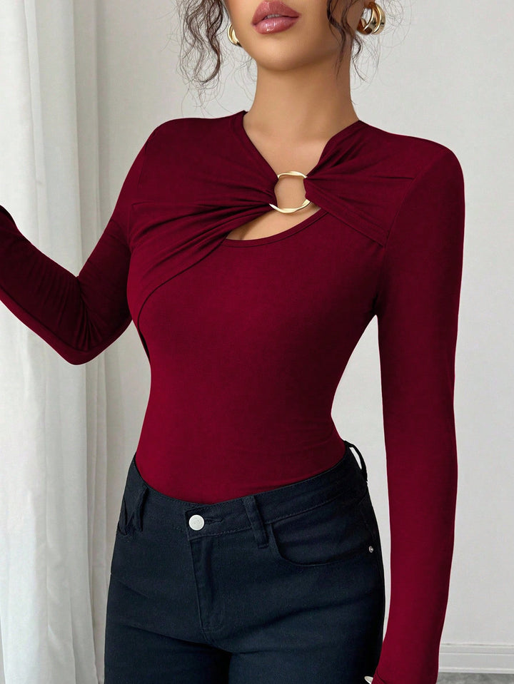Damen nan figurbetonter Langarm-Body mit Leopardenprint und Zier-Ring Echo Archiv