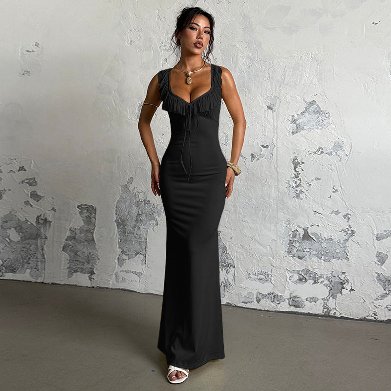Damen figurbetontes Maxikleid mit Rüschendetails und V-Ausschnitt Echo Archiv