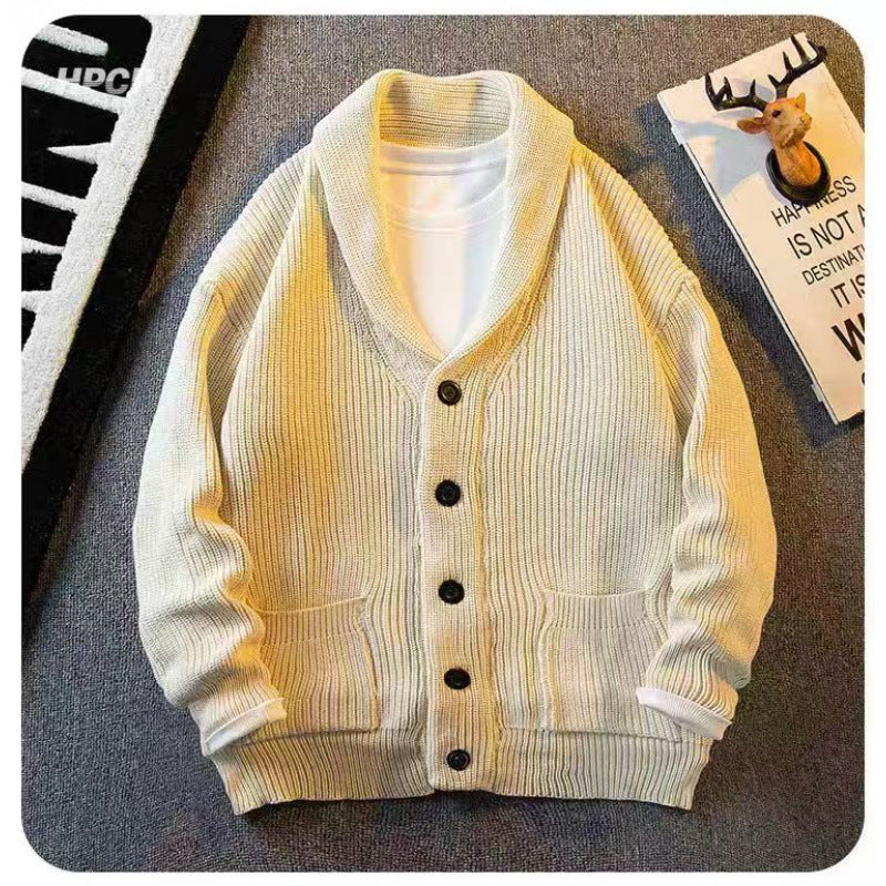 Herren Schalkragen-Cardigan aus grobem Rippstrick mit Taschen & Knopfleiste Echoarchiv