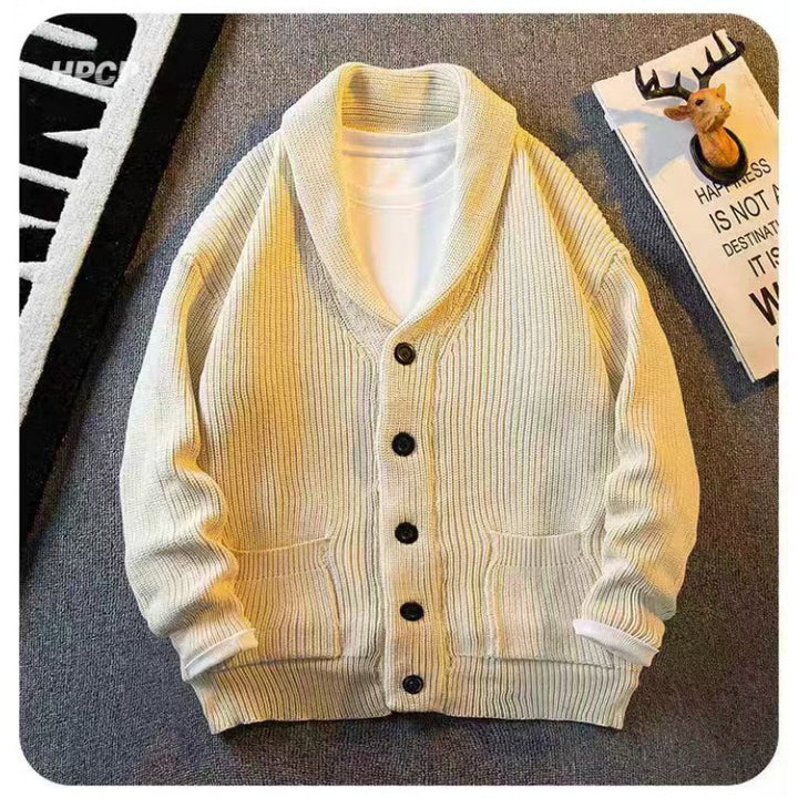 Herren Schalkragen-Cardigan aus grobem Rippstrick mit Taschen & Knopfleiste Echoarchiv