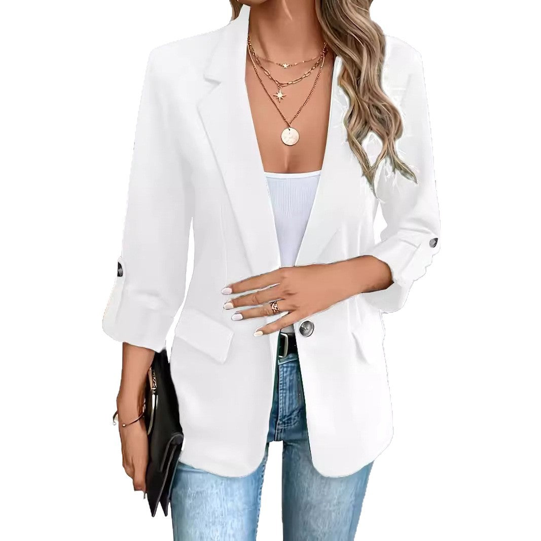Damen nan taillierter Business-Blazer mit verkürzten Ärmeln umgeschlagenen Manschetten und dekorativen Knöpfen Echo Archiv