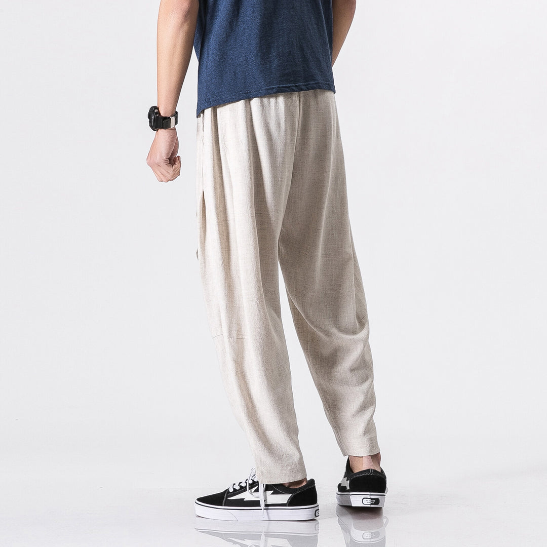 Herren nan entspannte Leinen-Baumwoll Harem-Joggerhose mit verdecktem Tunnelzug und tapered Bein Echo Archiv