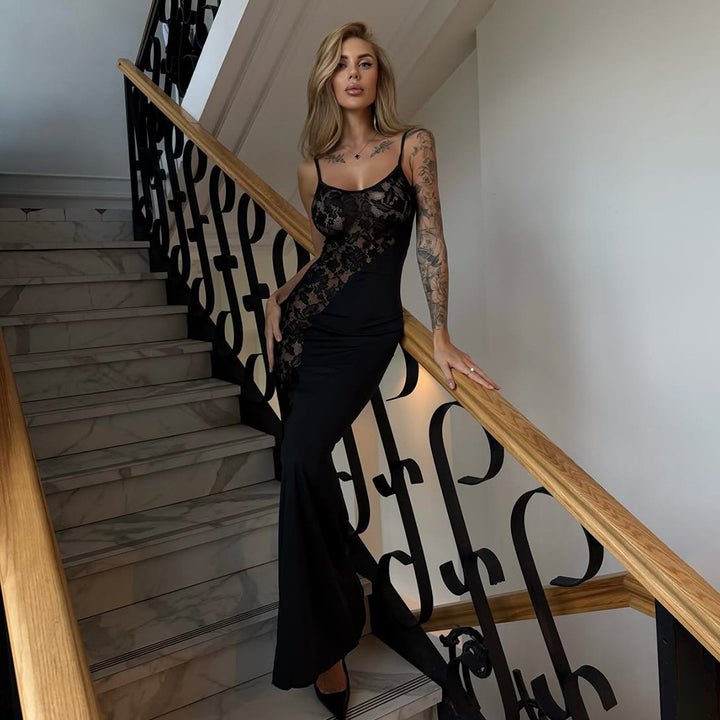 Damen Elegantes Langarm-Maxikleid mit filigraner Spitzenapplikation Echo Archiv