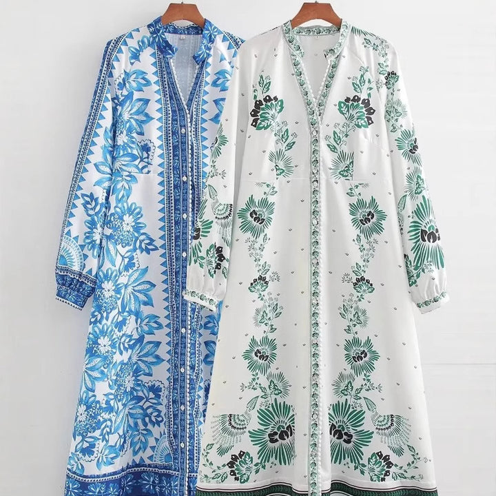 Damen 70+ langes Boho‑Maxikleid mit floralem Print, durchgehender Knopfleiste und gerafften Ärmelbündchen Echo Archiv