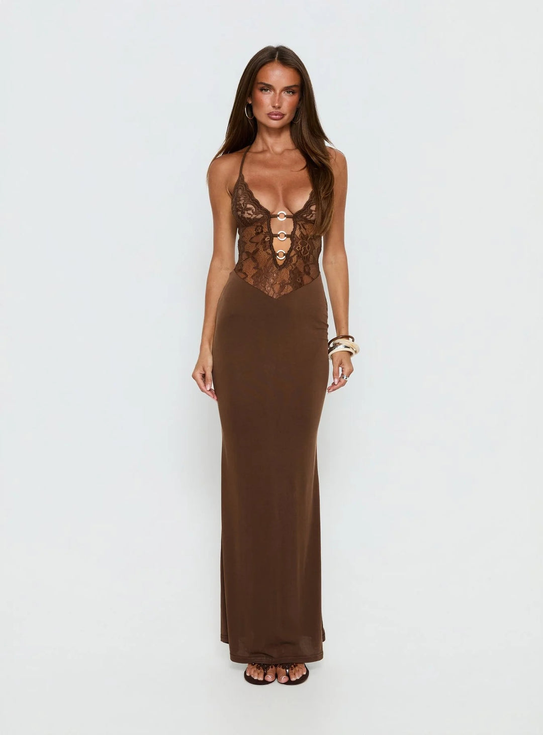 Damen Elegantes Maxikleid mit Spitzenbesatz und verführerischem V-Ausschnitt Echo Archiv
