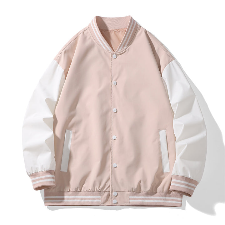 Unisex College Varsity Bomberjacke mit kontrastierenden Ärmeln, gestreiften Rippbündchen und Druckknopfverschluss – Brevano
