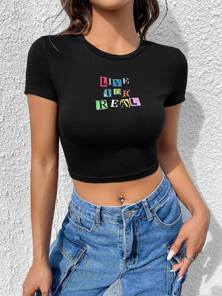 Damen Crop-T-Shirt mit kreativem Schriftzug Echo Archiv