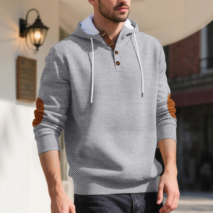 Herren nan strukturierter Kapuzen-Henley-Pullover mit Jacquardstruktur, Knopfleiste und Ellenbogenpatches Echo Archiv