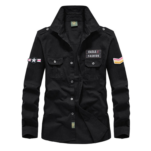 Herren nan militärisches Langarm-Utility-Hemd mit aufgesetzten Brusttaschen, Schulterklappen und dekorativen Stickpatches Echo Archiv