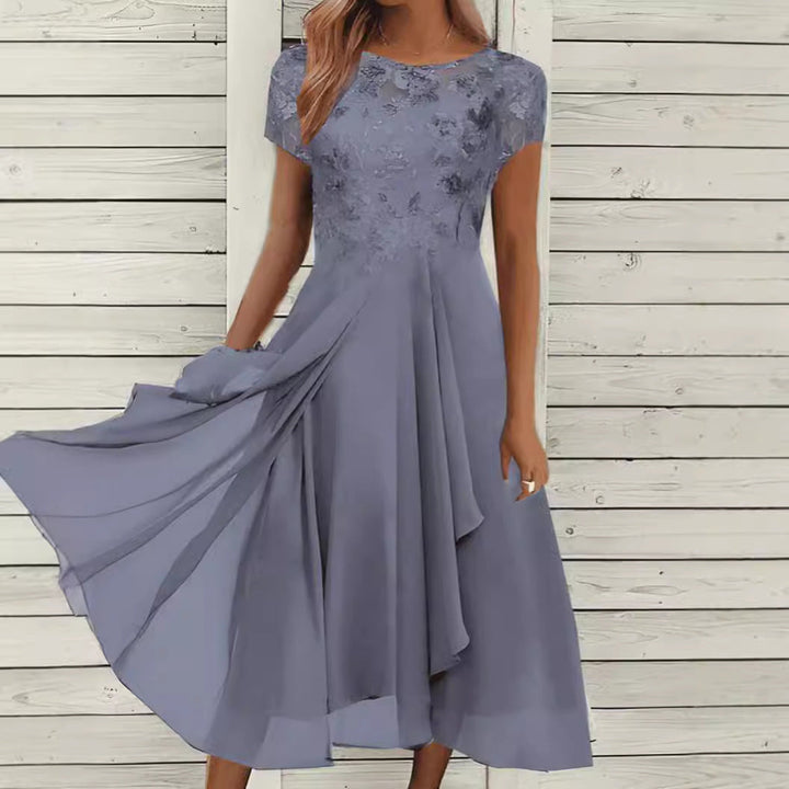 Damen nan elegantes Chiffon-Midikleid mit floraler Spitzenapplikation und fließendem Tellerrock Echoarchiv