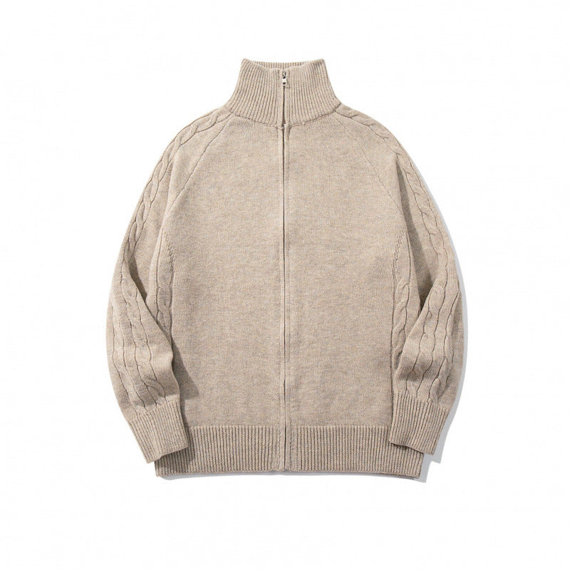 Unisex Boxy-Zip-Strickjacke mit Stehkragen, Zopfmusterärmeln und gerippten Abschlüssen Echo Archiv