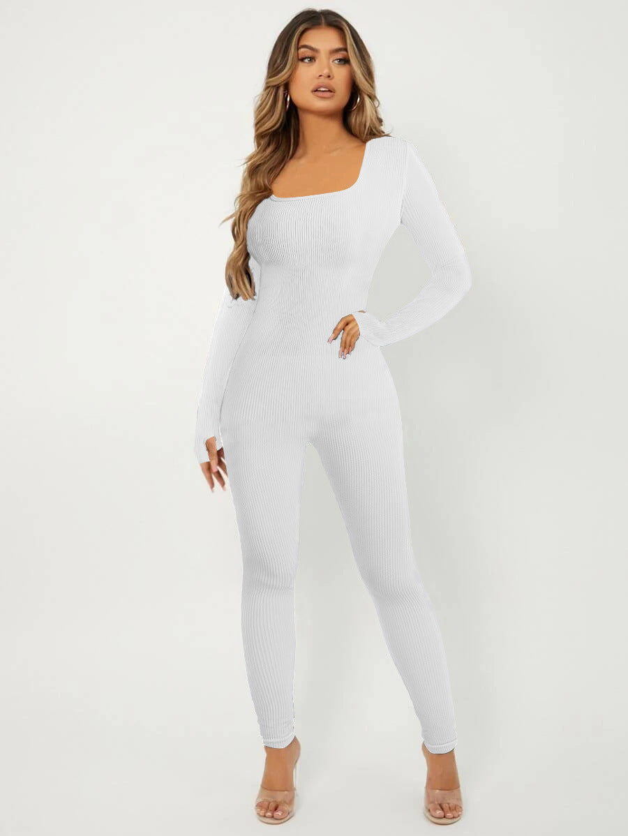 Damen Rippstrick Skinny Jumpsuit mit Quadratischem Ausschnitt, Langen Ärmeln und Daumenloch – Solévia