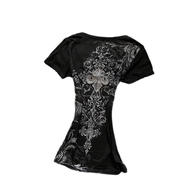 Damen Elegantes V-Ausschnitt T-Shirt mit kunstvollem Design Echo Archiv