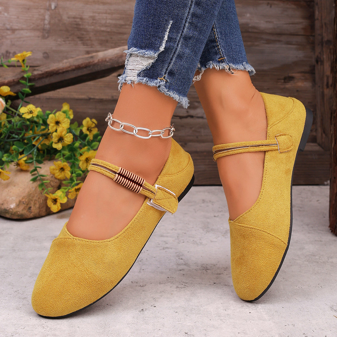 Damen flache Mary-Jane Ballerinas aus Veloursimitat mit elastischem Zierband und gepolsterter Komfortinnensohle – Lioré