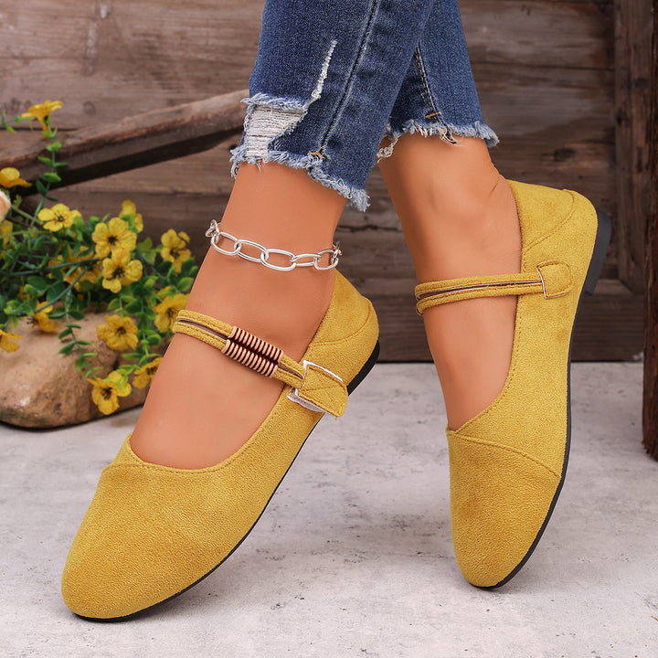 Damen flache Mary-Jane Ballerinas aus Veloursimitat mit elastischem Zierband und gepolsterter Komfortinnensohle – Lioré