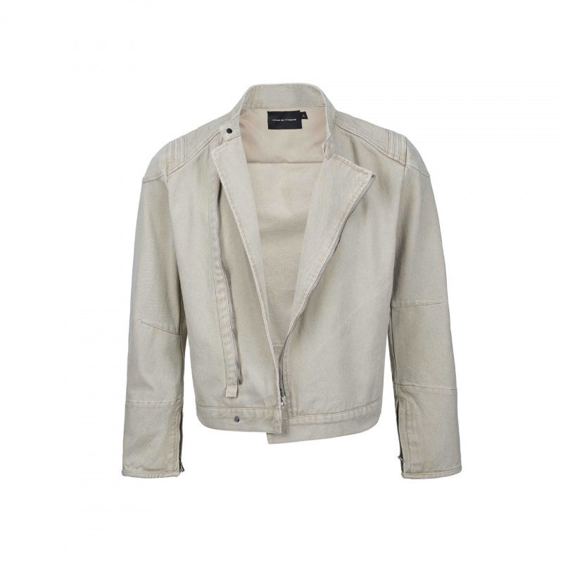 Herren Asymmetrische Kurzjacke im Biker-Stil mit Stehkragen und schrägem Metallreißverschluss Echo Archiv